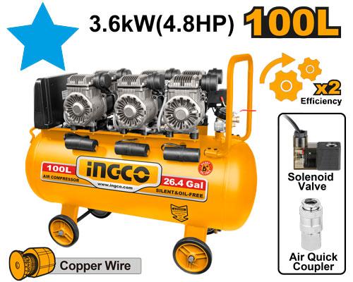 Compresseur 100L 4.8HP (3×1200W) – Silencieux | INGCO ACS3361001