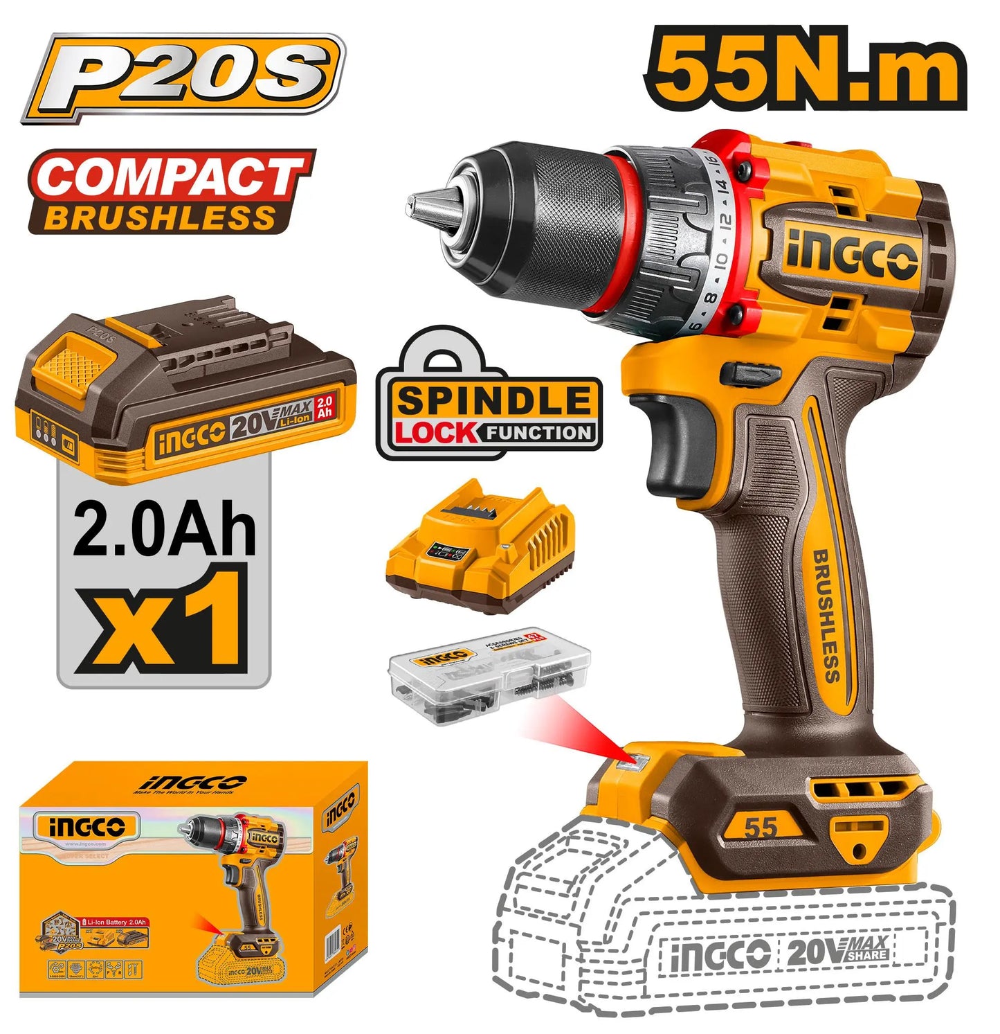 🔥 Perceuse Visseuse Sans Fil Brushless 20V – 55Nm | INGCO CDLI205582