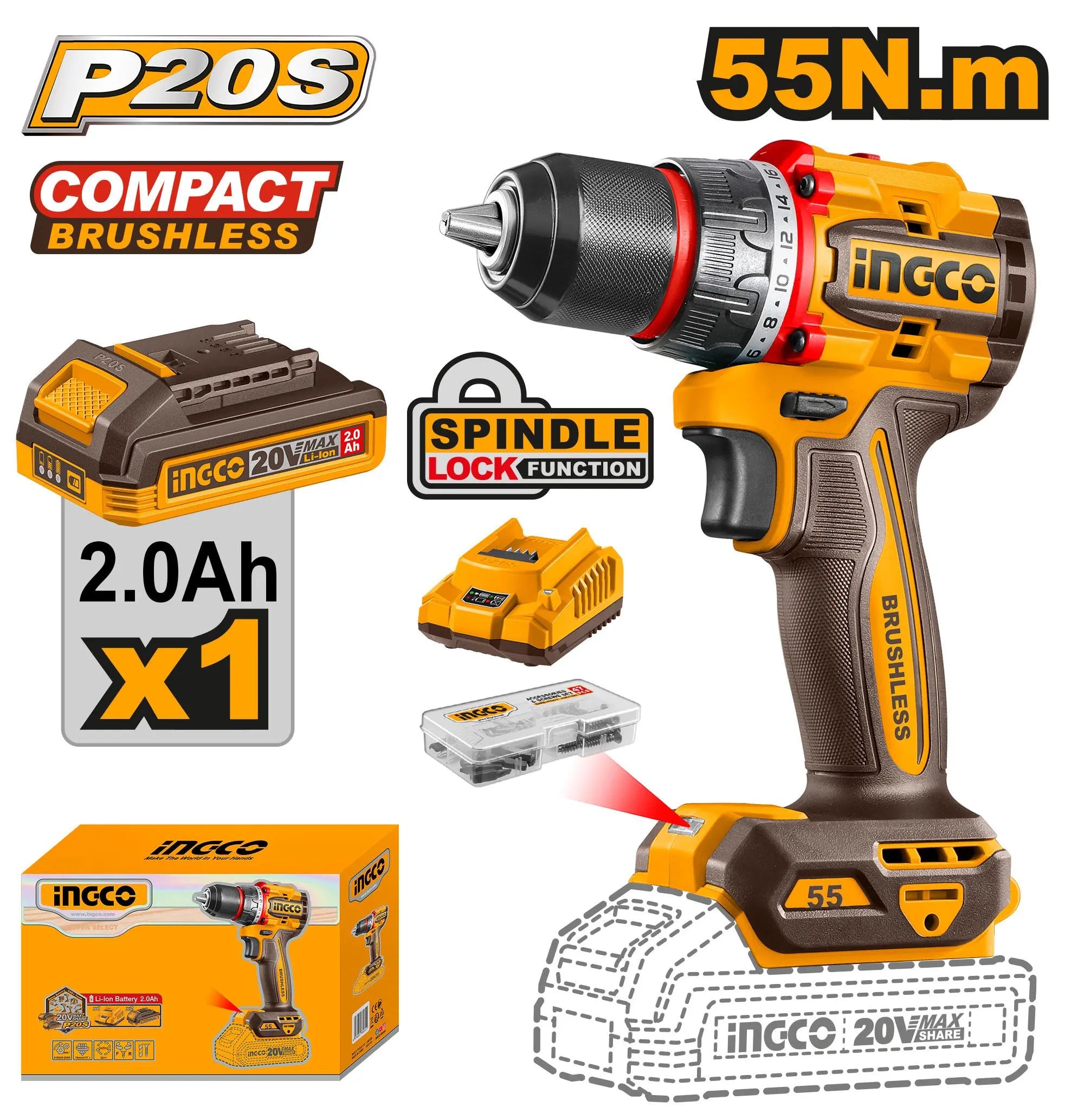 🔥 Perceuse Visseuse Sans Fil Brushless 20V – 55Nm | INGCO CDLI205582