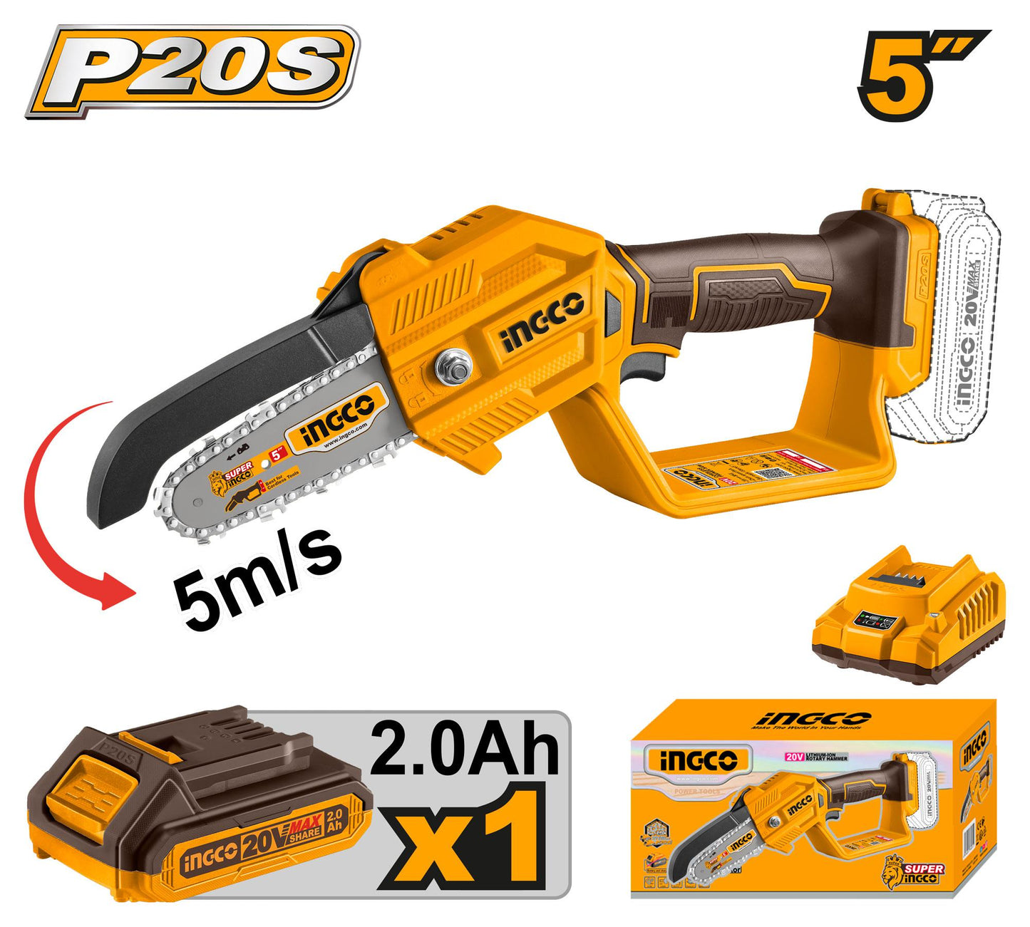Mini Tronçonneuse Sans Fil 20V – Guide 13 cm | INGCO CGSLI20581