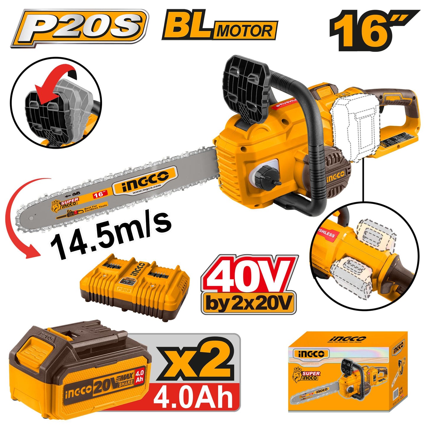 🔥 Tronçonneuse Sans Fil 40V Brushless – 40 cm | INGCO CGSLI401682