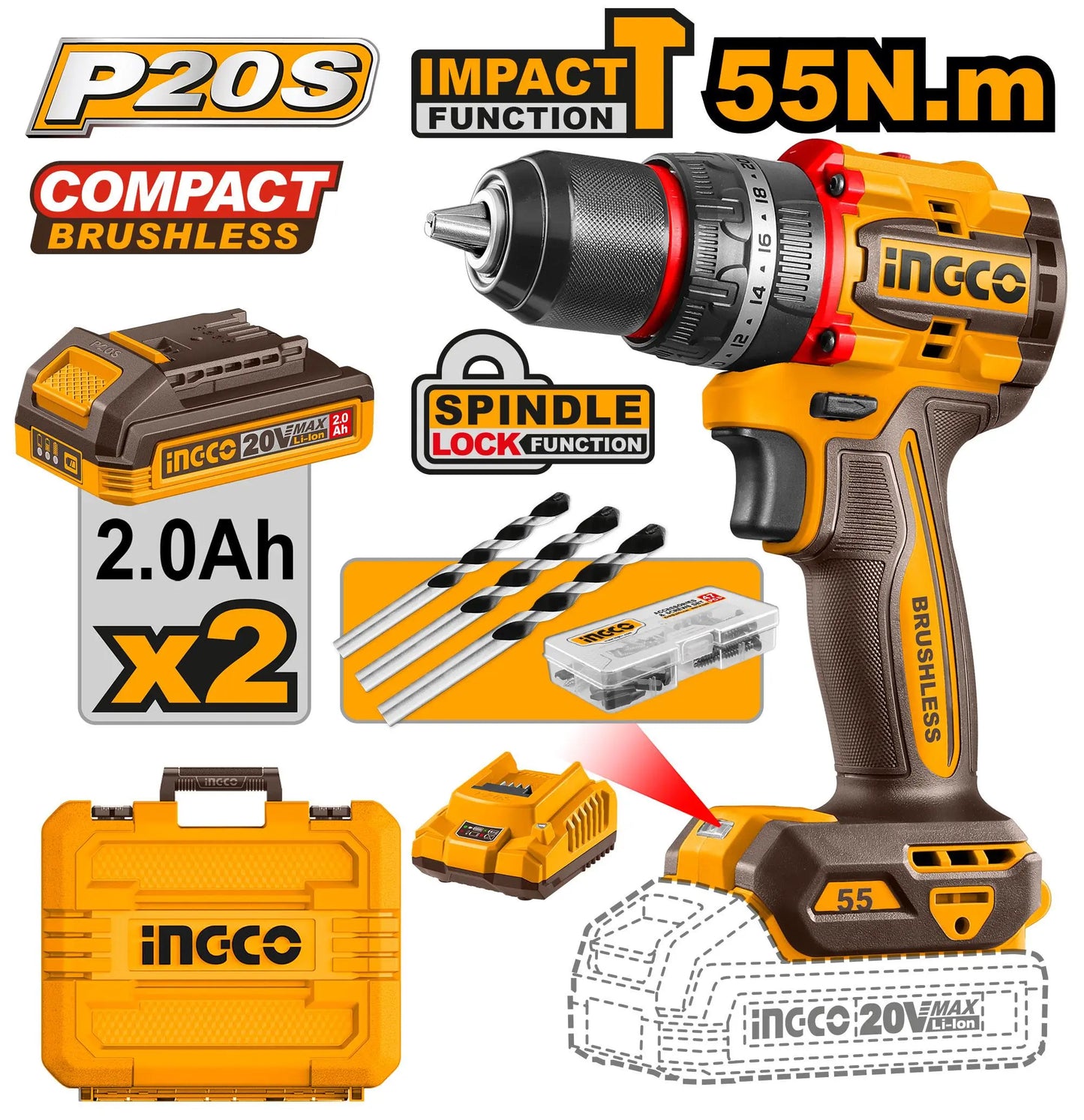 🔥 Perceuse Visseuse à Percussion Brushless 20V – 55Nm | INGCO CIDLI20558