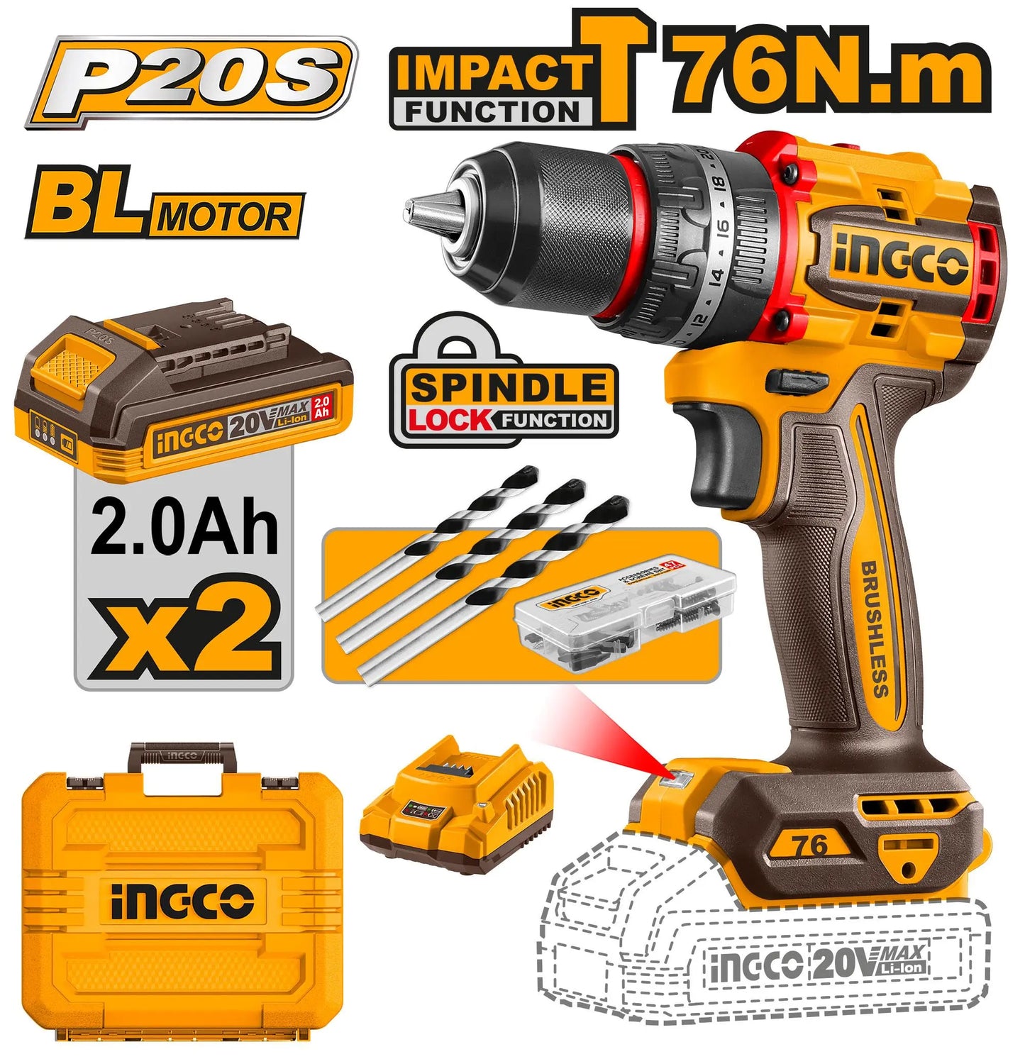 Perceuse Visseuse à Percussion Brushless 20V – 76Nm | INGCO CIDLI20768