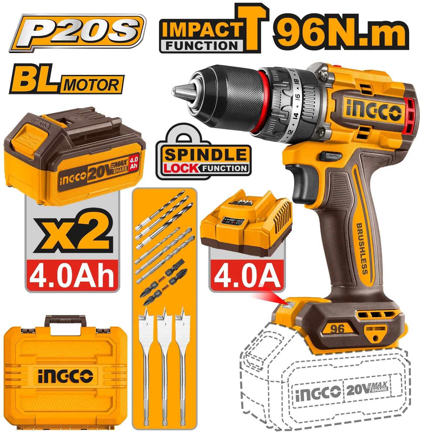 Perceuse Visseuse à Percussion Brushless 20V – 96Nm | INGCO CIDLI20968