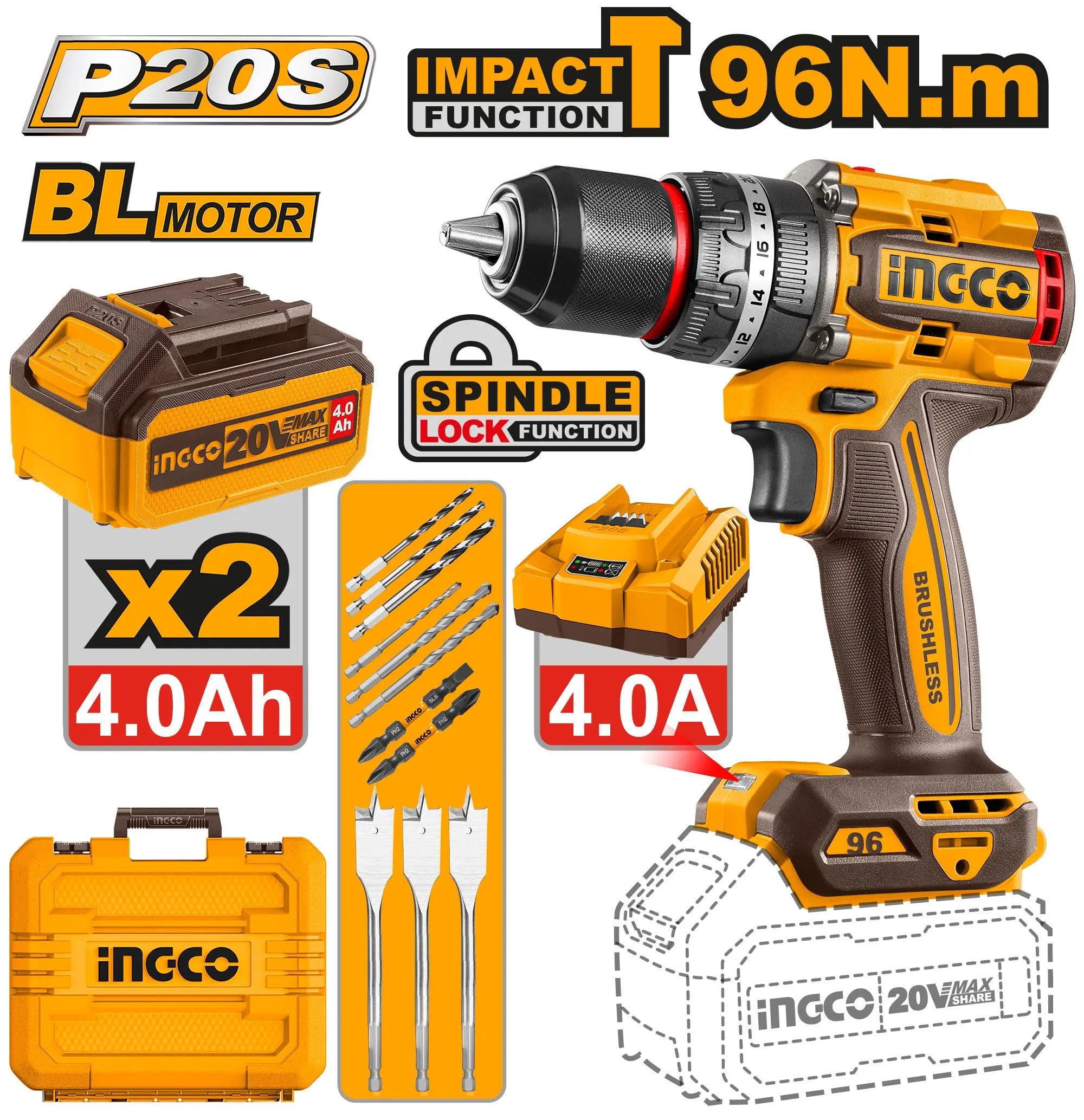 Perceuse Visseuse à Percussion Brushless 20V – 96Nm | INGCO CIDLI20968