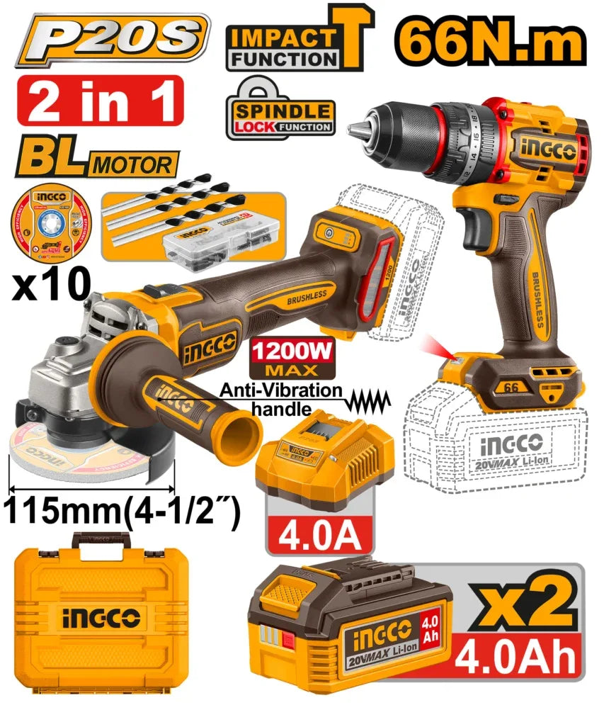 🔥 Pack 20V – Meuleuse d’Angle BL 1200W + Perceuse à Percussion BL 66Nm | INGCO CKLI20256