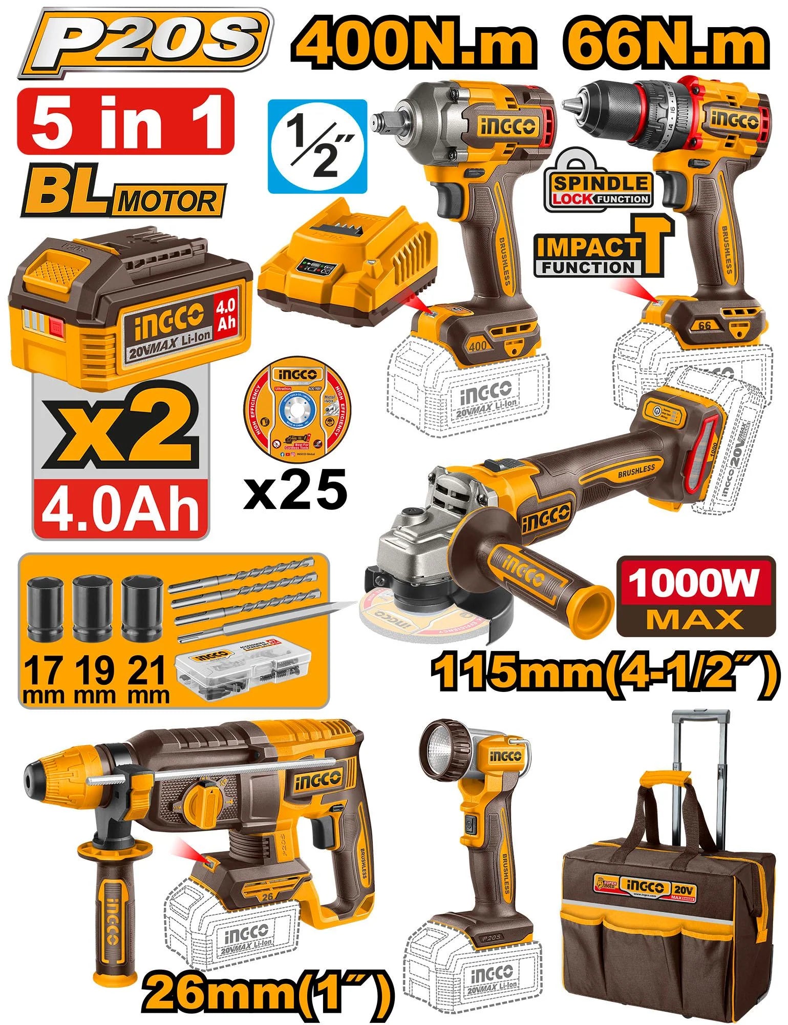 🔥 Pack 20V – 5 Outils Brushless  + Sac en Toile | INGCO CKLI2058