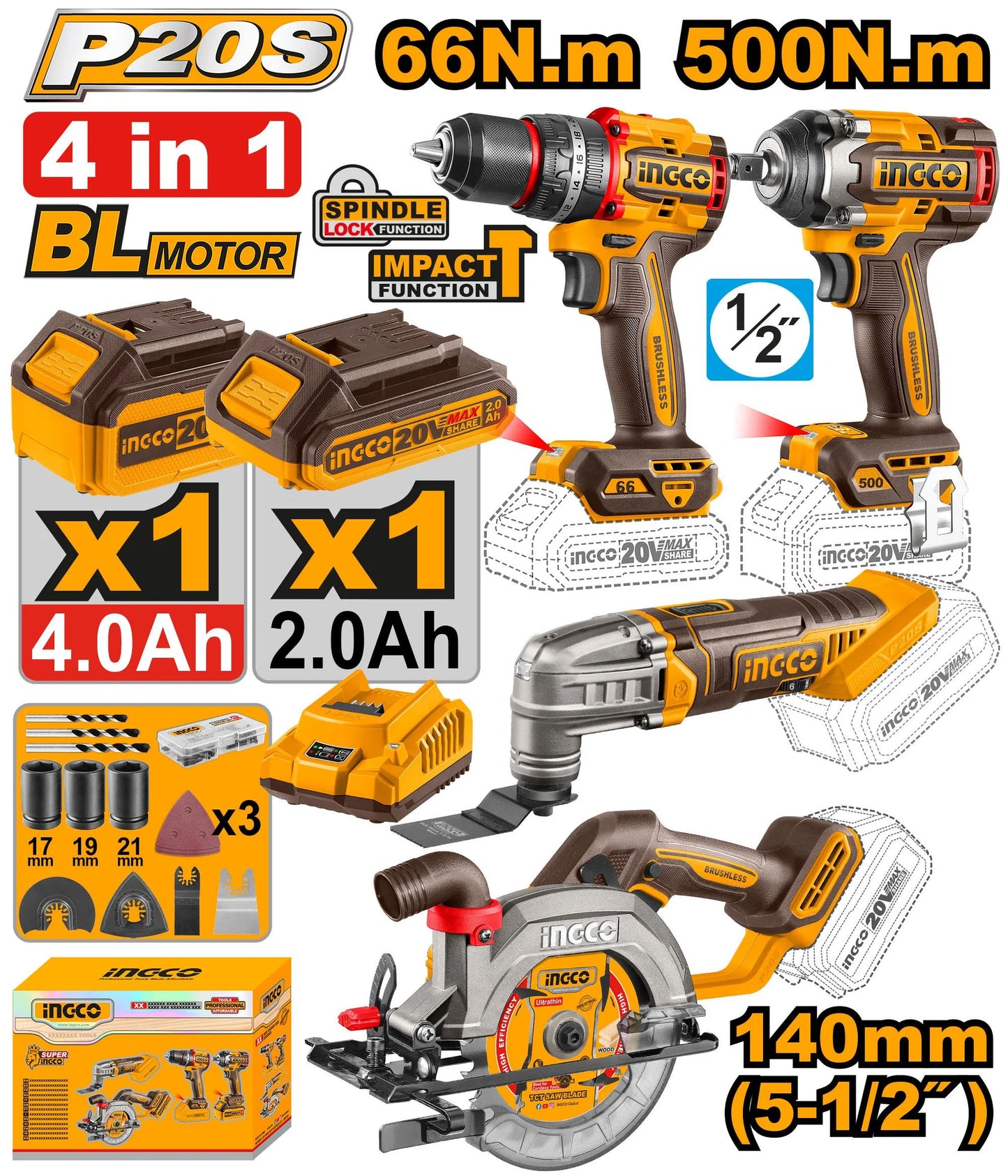 🔥 Pack Combo INGCO 20V – 4 Outils Brushless | INGCO COSLI241169