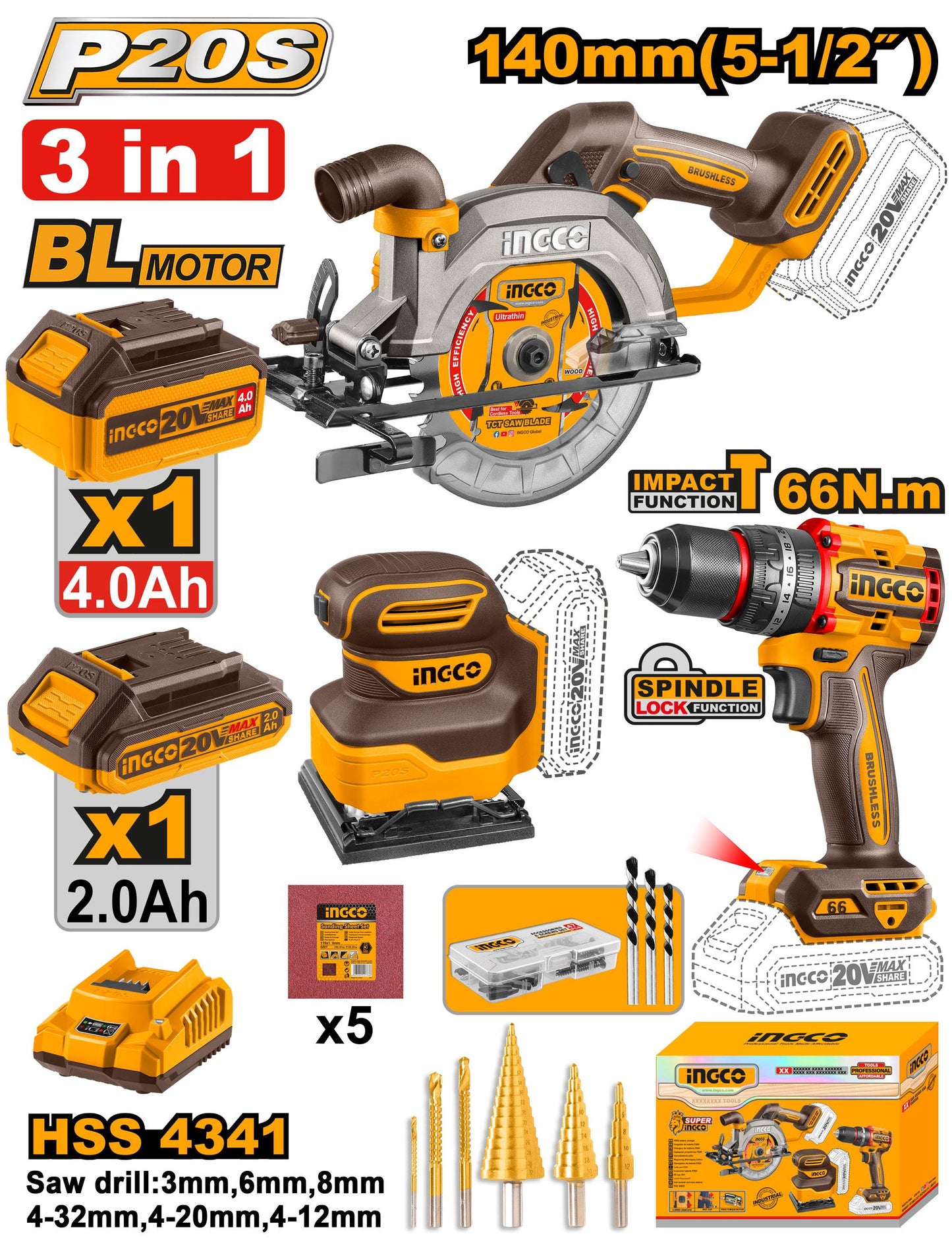 Pack 3 Outils Sans Fil 20V Brushless + 2 Batteries 4Ah