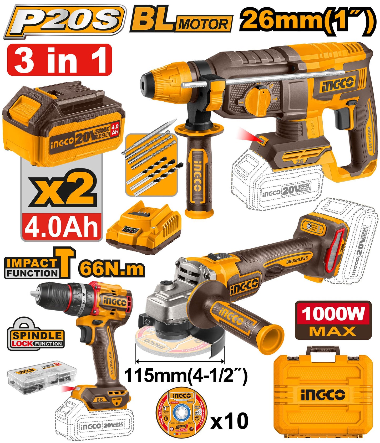 Pack De 3 Machines Ingco Marteau Visseuse Meuleuse 2Bat 4Ah [COSLI241198]