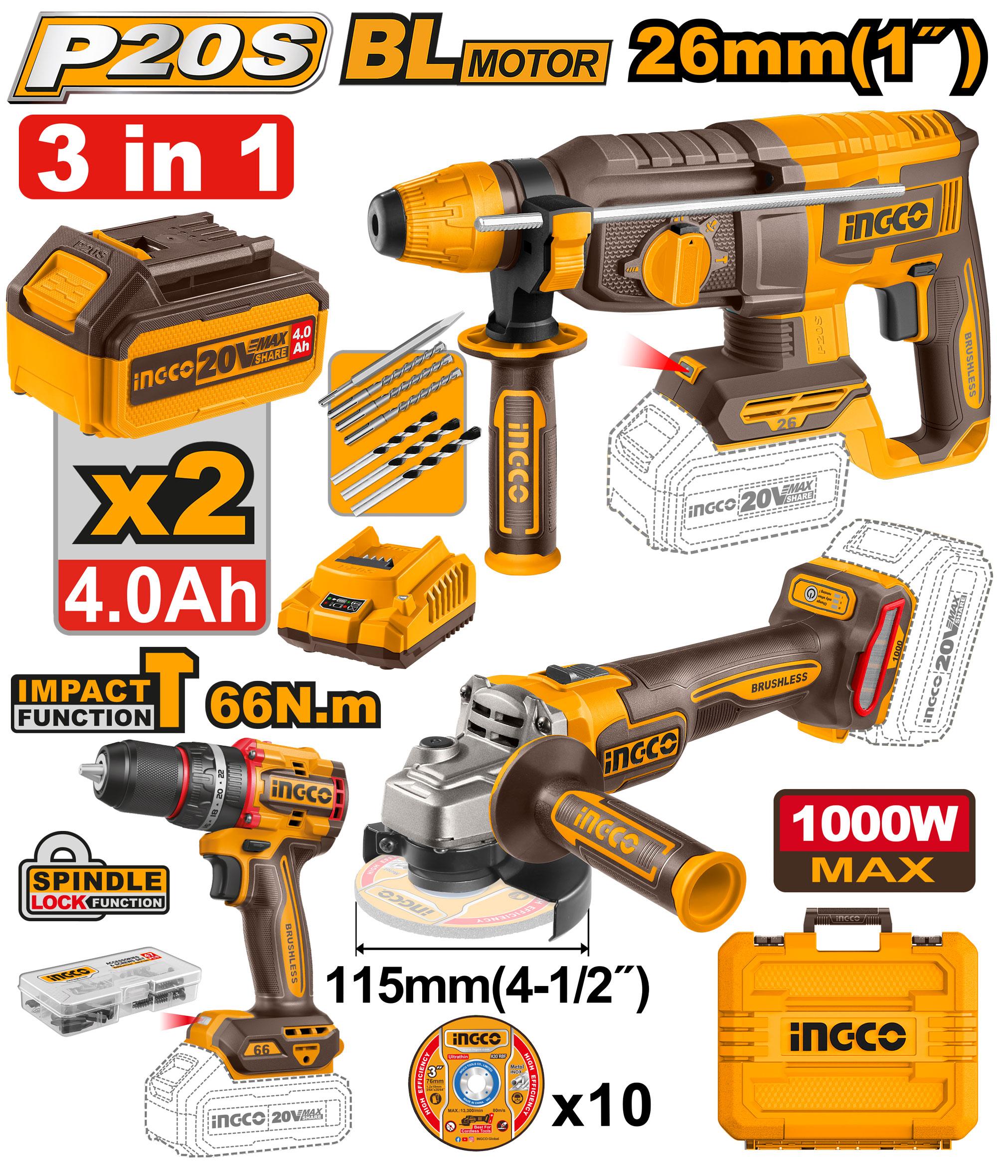 Pack De 3 Machines Ingco Marteau Visseuse Meuleuse 2Bat 4Ah [COSLI241198]
