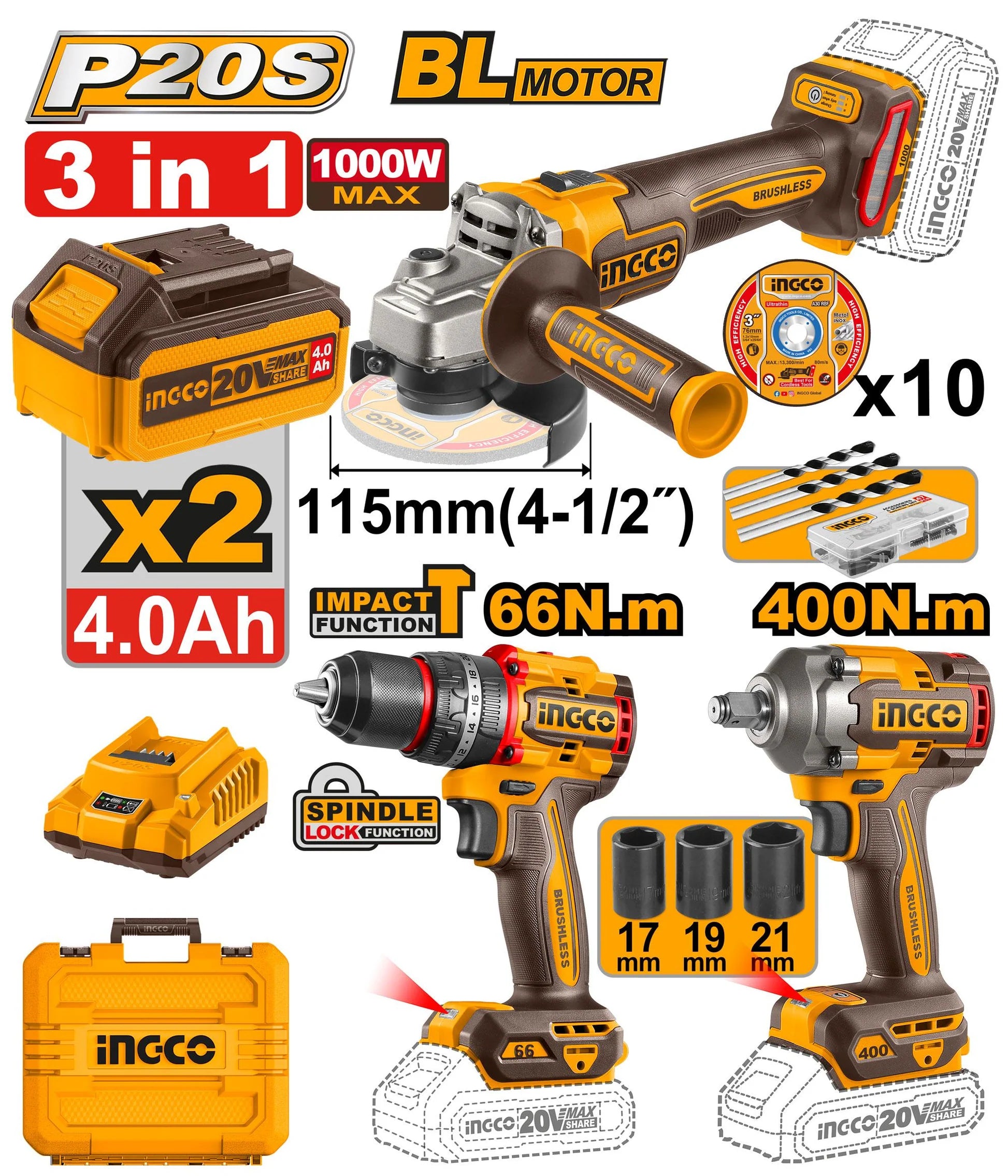 🔥 Pack 20V – Meuleuse + Perceuse à Percussion + Boulonneuse à Chocs 400 Nm | INGCO COSLI241291