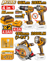 Pack 4 Machines Sans Fil – Visseuse 96Nm + Boulonneuse 285Nm + Scie Circulaire 185mm + Torche [COSLI241297]