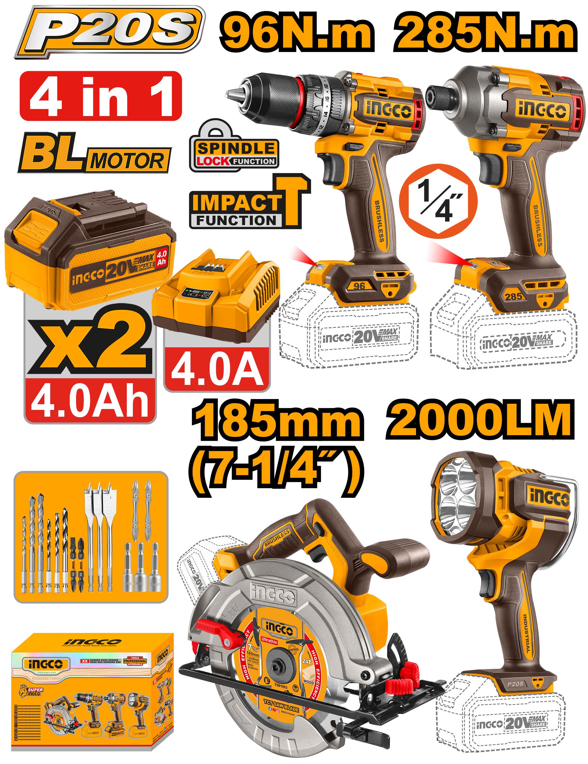 Pack 4 Machines Sans Fil – Visseuse 96Nm + Boulonneuse 285Nm + Scie Circulaire 185mm + Torche [COSLI241297]