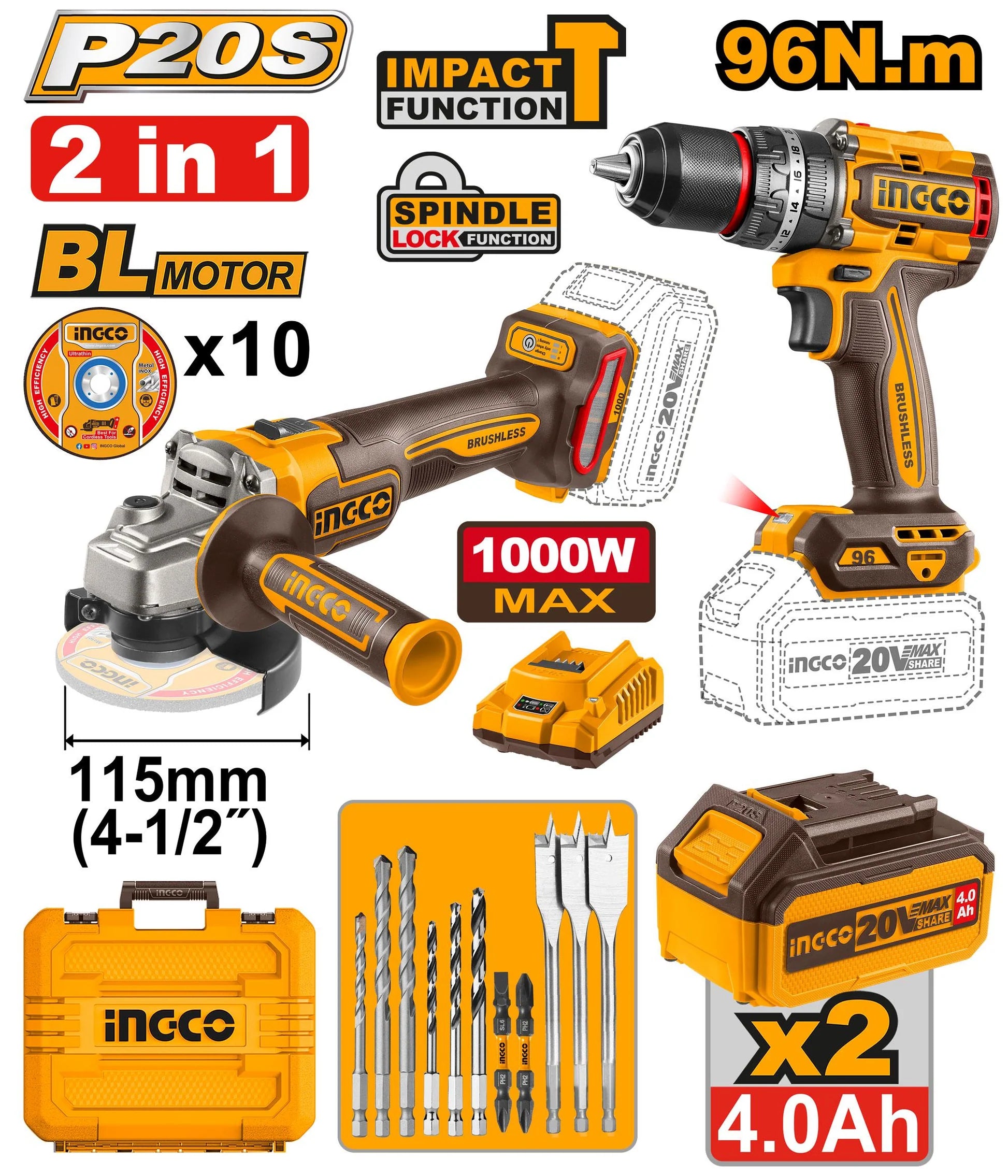 🔥 Pack 20V – Perceuse à Percussion BL 96Nm + Meuleuse d’Angle BL 1000W | INGCO COSLI241298