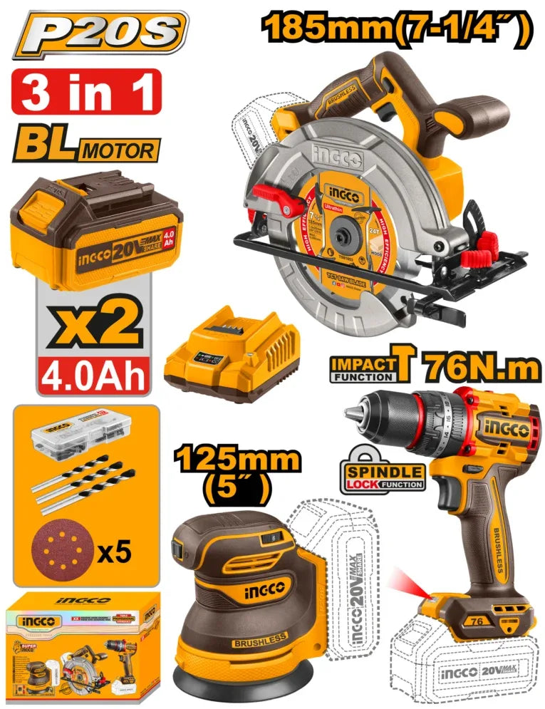 🔥 Pack INGCO 20V – Scie Circulaire + Ponceuse Excentrique + Perceuse à Percussion BL | COSLI250181