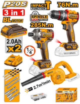 🔥 Pack Combo INGCO 20V – Perceuse à Percussion Brushless 76 Nm + Visseuse à Chocs 285 Nm + Souffleur | INGCO COSLI250182