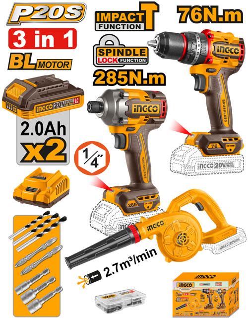 🔥 Pack Combo INGCO 20V – Perceuse à Percussion Brushless 76 Nm + Visseuse à Chocs 285 Nm + Souffleur | INGCO COSLI250182