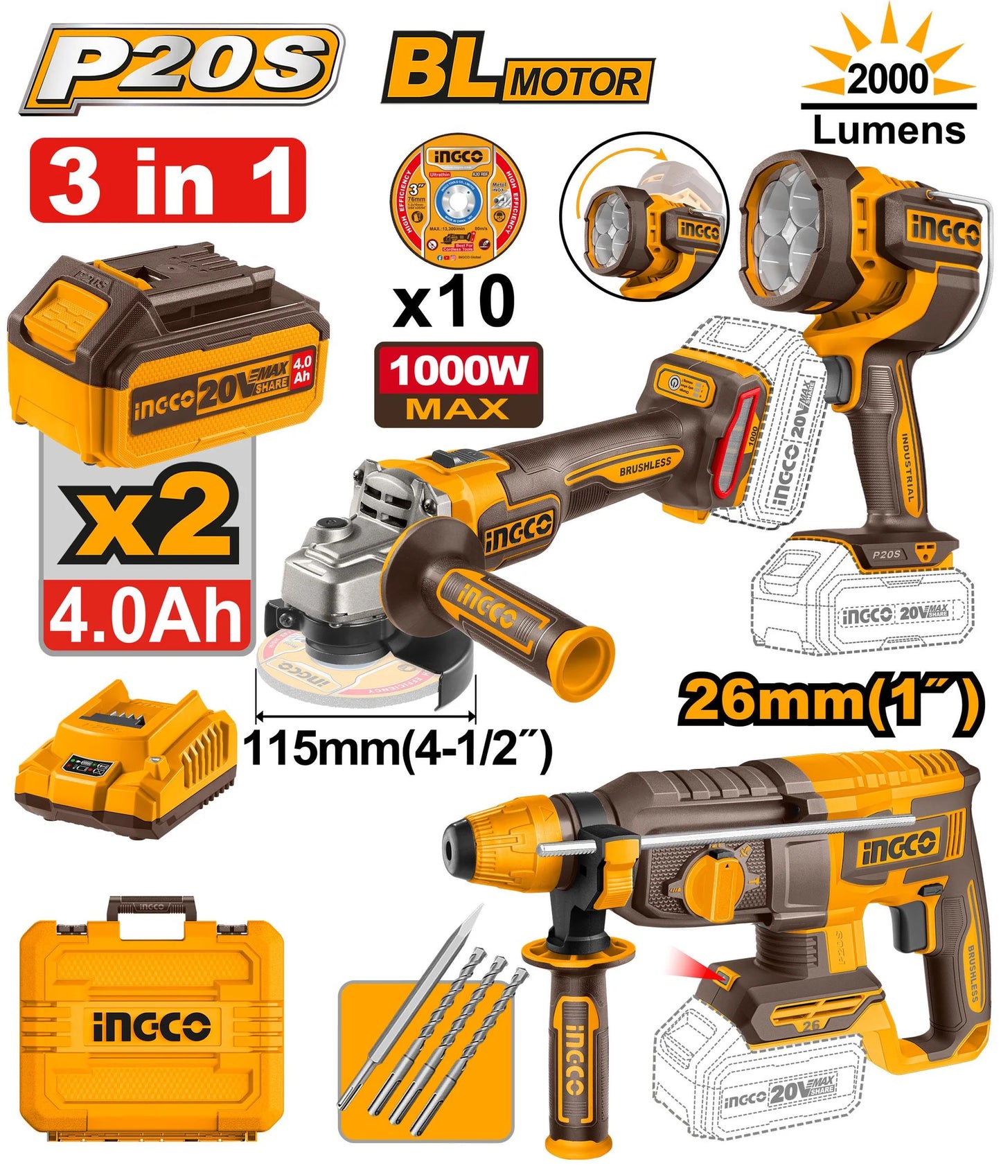 🔥 Pack Combo INGCO 20V – Marteau Perforateur + Meuleuse Brushless + Lampe LED | INGCO COSLI250183