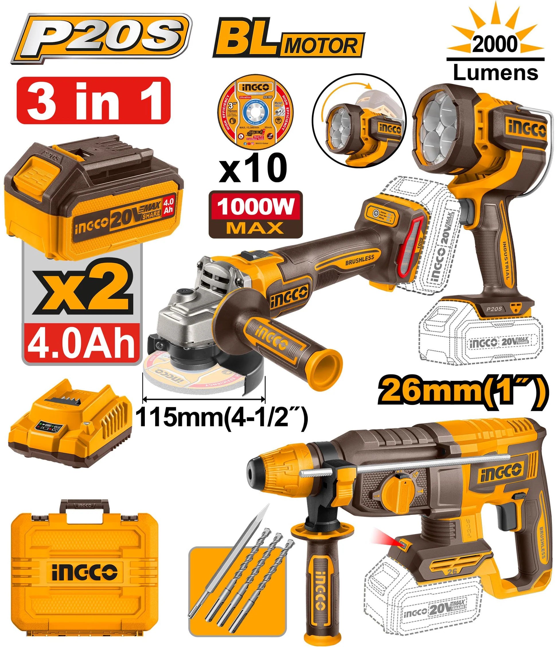 🔥 Pack Combo INGCO 20V – Marteau Perforateur + Meuleuse Brushless + Lampe LED | INGCO COSLI250183