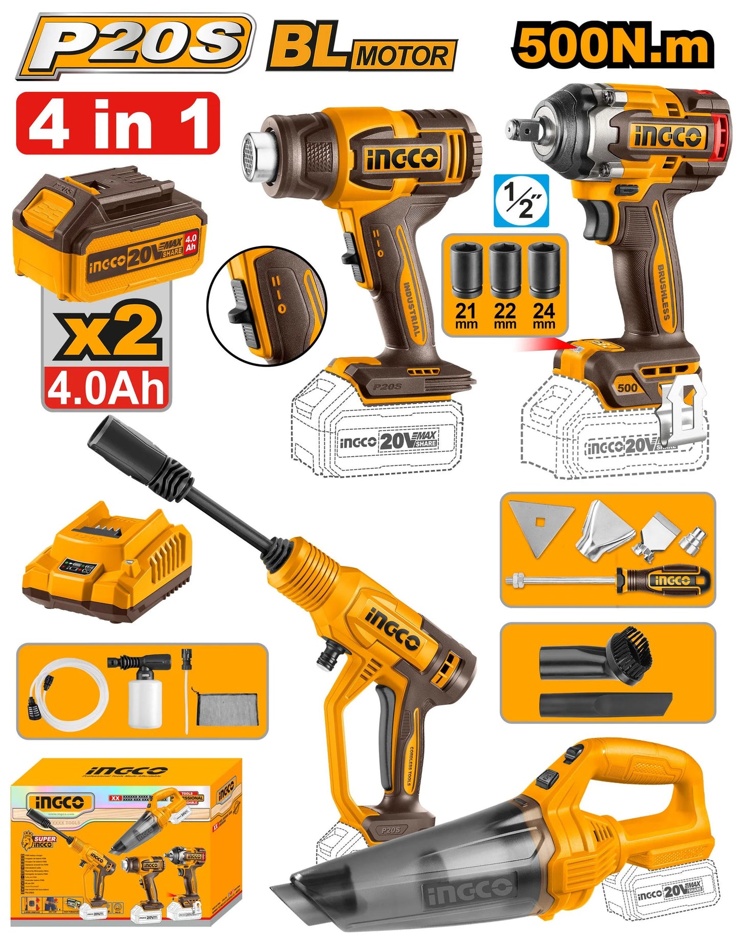 🔥 Pack Combo INGCO 20V – 4 Outils Sans Fil | INGCO COSLI250208