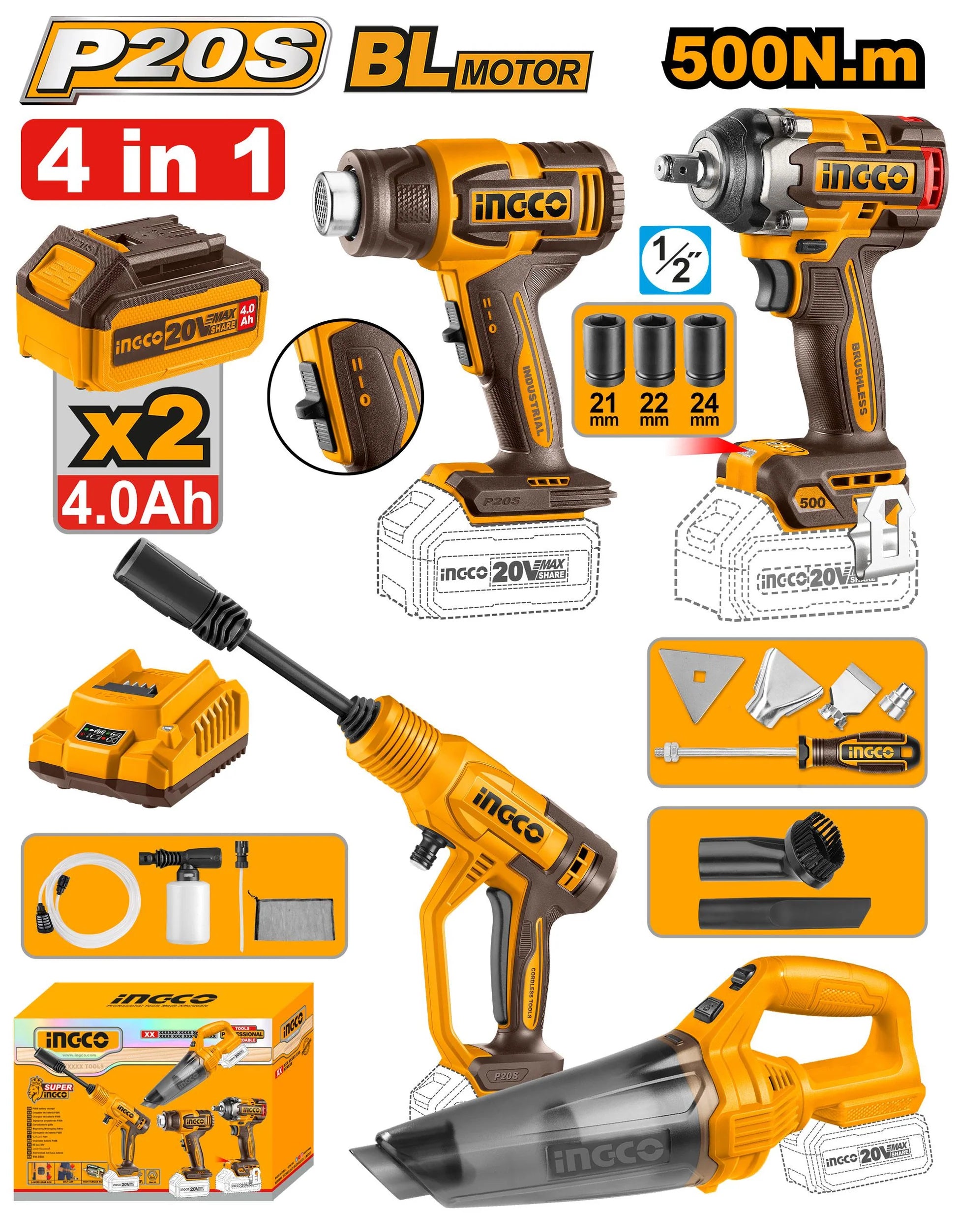 🔥 Pack Combo INGCO 20V – 4 Outils Sans Fil | INGCO COSLI250208