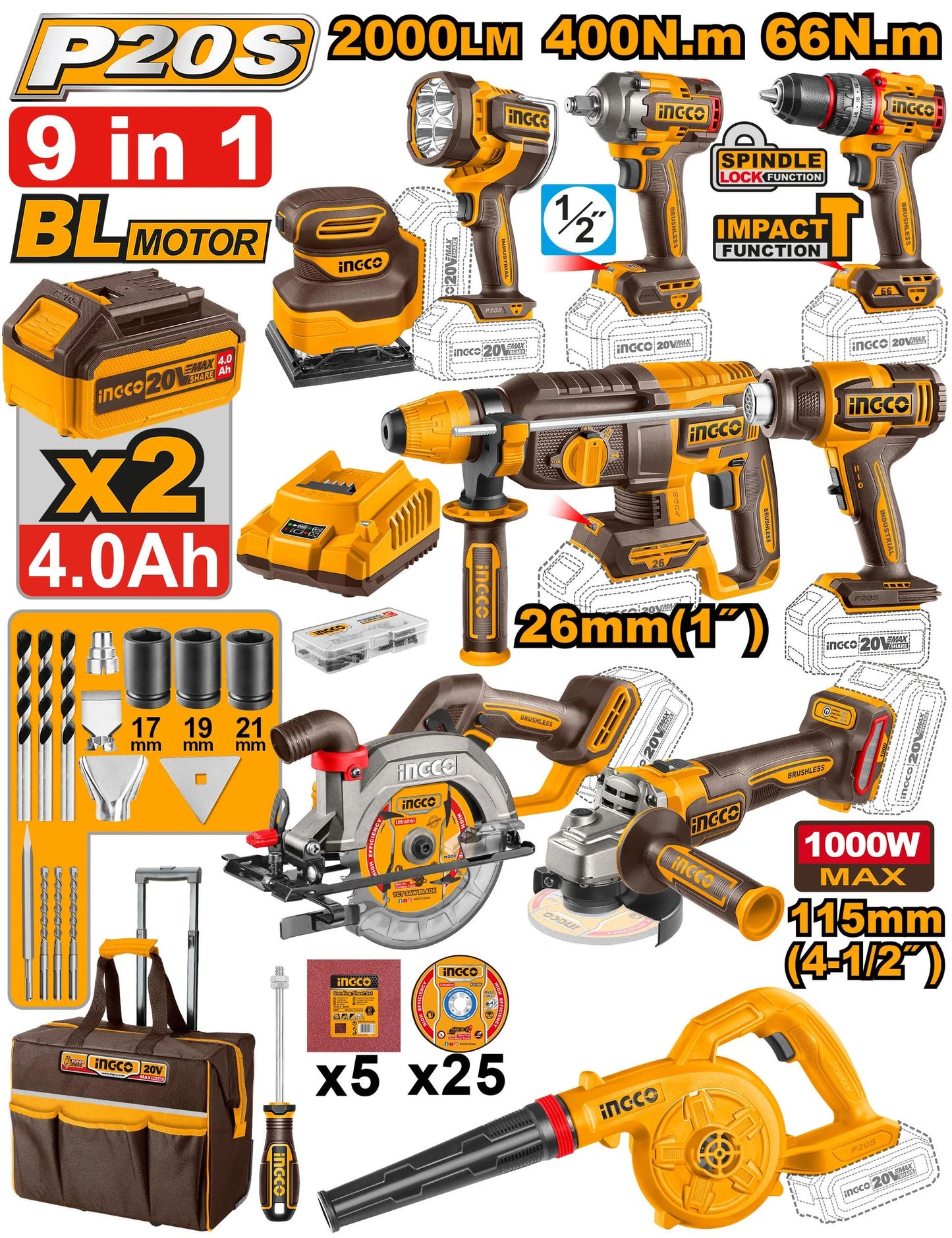 🔥 Pack Combo INGCO 20V – 9 Outils Sans Fil BL + 2 Batteries 4Ah + Accessoires | INGCO COSLI250381