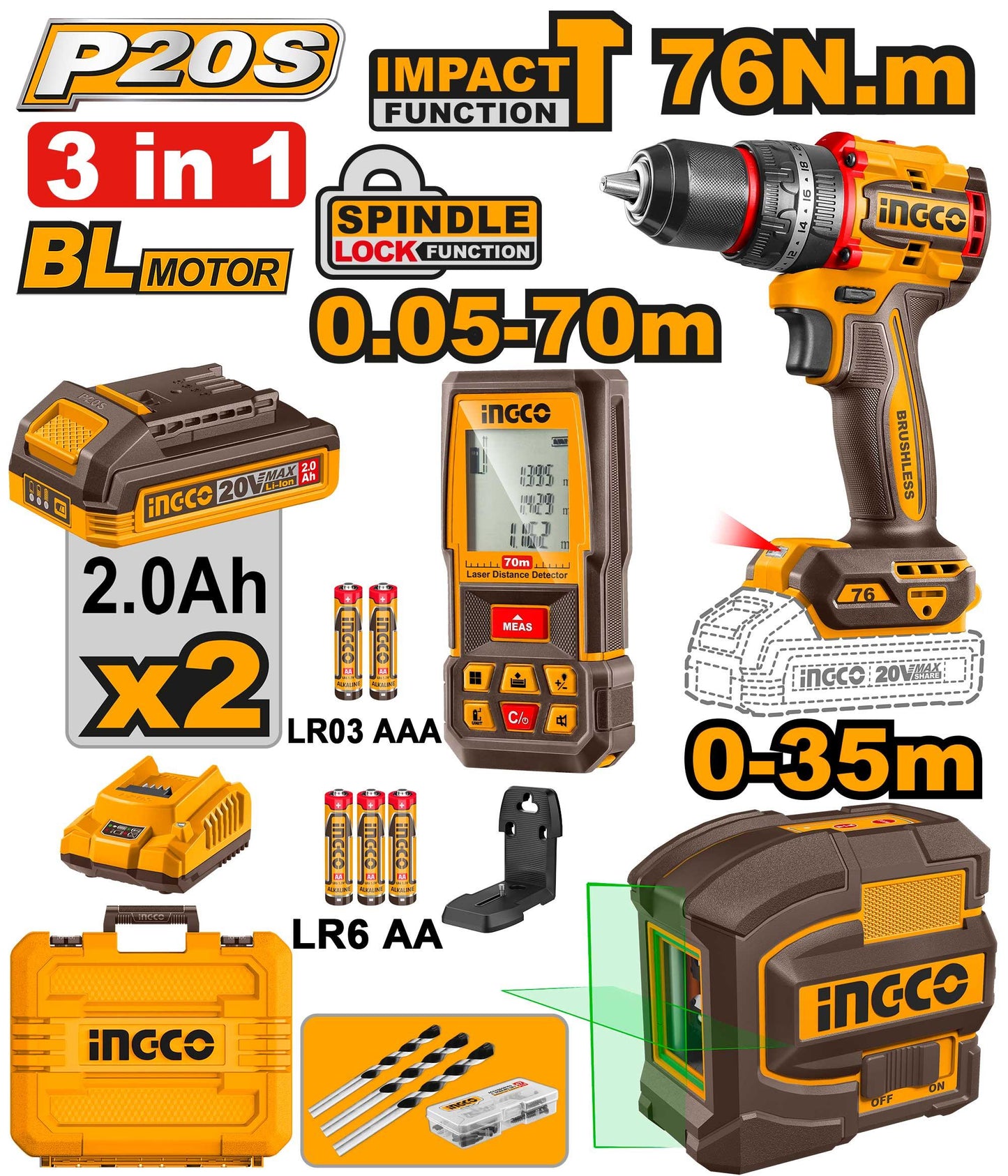 Kit Perceuse à Percussion 76Nm Haute Performance + Niveau Laser + Meter Laser 70m – Set Professionnel 3 Pièces [COSLI250511]