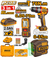 Kit Perceuse à Percussion 76Nm Haute Performance + Niveau Laser + Meter Laser 70m – Set Professionnel 3 Pièces [COSLI250511]