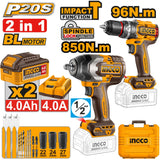 🔥 Kit Sans Fil 20V Perceuse à Percussion 96Nm + Clé à Chocs 850Nm | INGCO COSLI250586