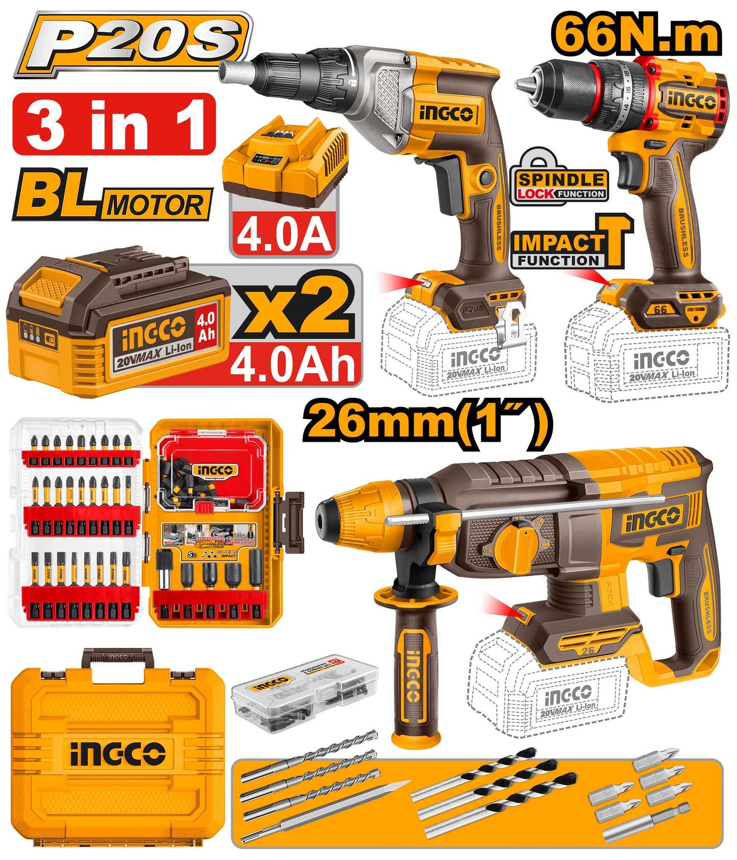 Pack Complet 3 Outils Sans Fil : Visseuse 66Nm, Visseuse Plaquiste & Marteau Perforateur 26mm [COSLI250591]