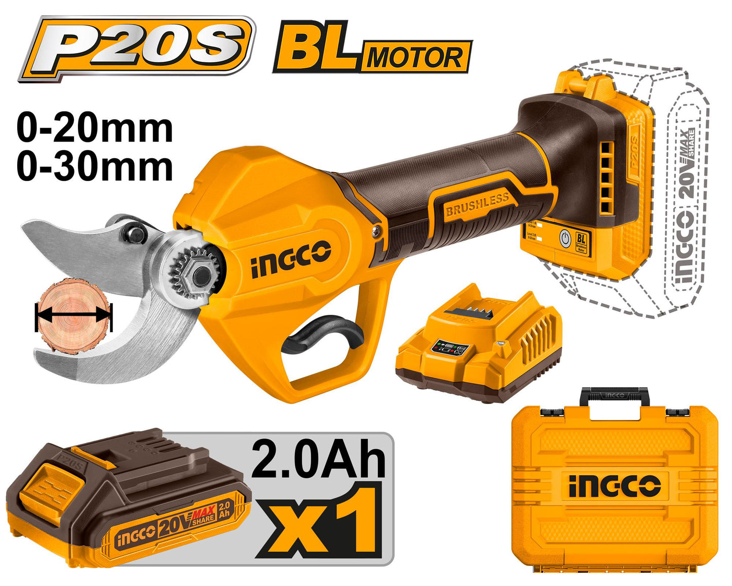 🔥 Sécateur Sans Fil 20V Brushless – Ø30 mm | INGCO CSSLI203083