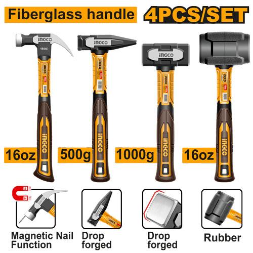 🔥 Coffret de Marteaux 4 Pièces – Fiberglass | INGCO HCH9004