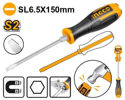 🪛 Tournevis Plat S2 à Tige Hexagonale – SL6.5 × 150 mm | INGCO   HGTS686150