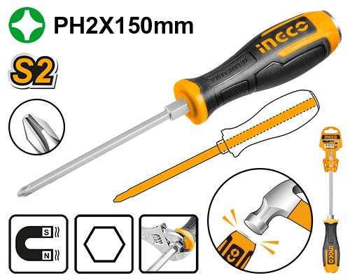 🪛 Tournevis Phillips S2 à Tige Hexagonale – PH2 × 150 mm | INGCO  HGTS68PH2150