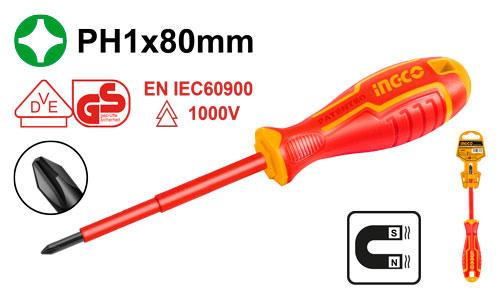 Tournevis Isolé VDE CR-V – PH1 × 80 mm | INGCO HISD81PH180