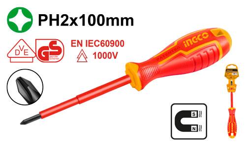 Tournevis Isolé VDE + GS CR-V – PH2 × 100 mm | INGCO HISD81PH2100