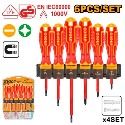 Jeu de 6 Tournevis Isolés VDE + GS – 1000 V | INGCO HKISD0608