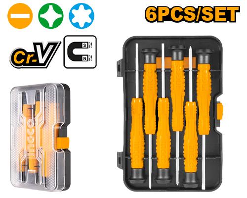Jeu de 6 Tournevis de Précision CR-V – Nouveau Design | INGCO HKSD0618