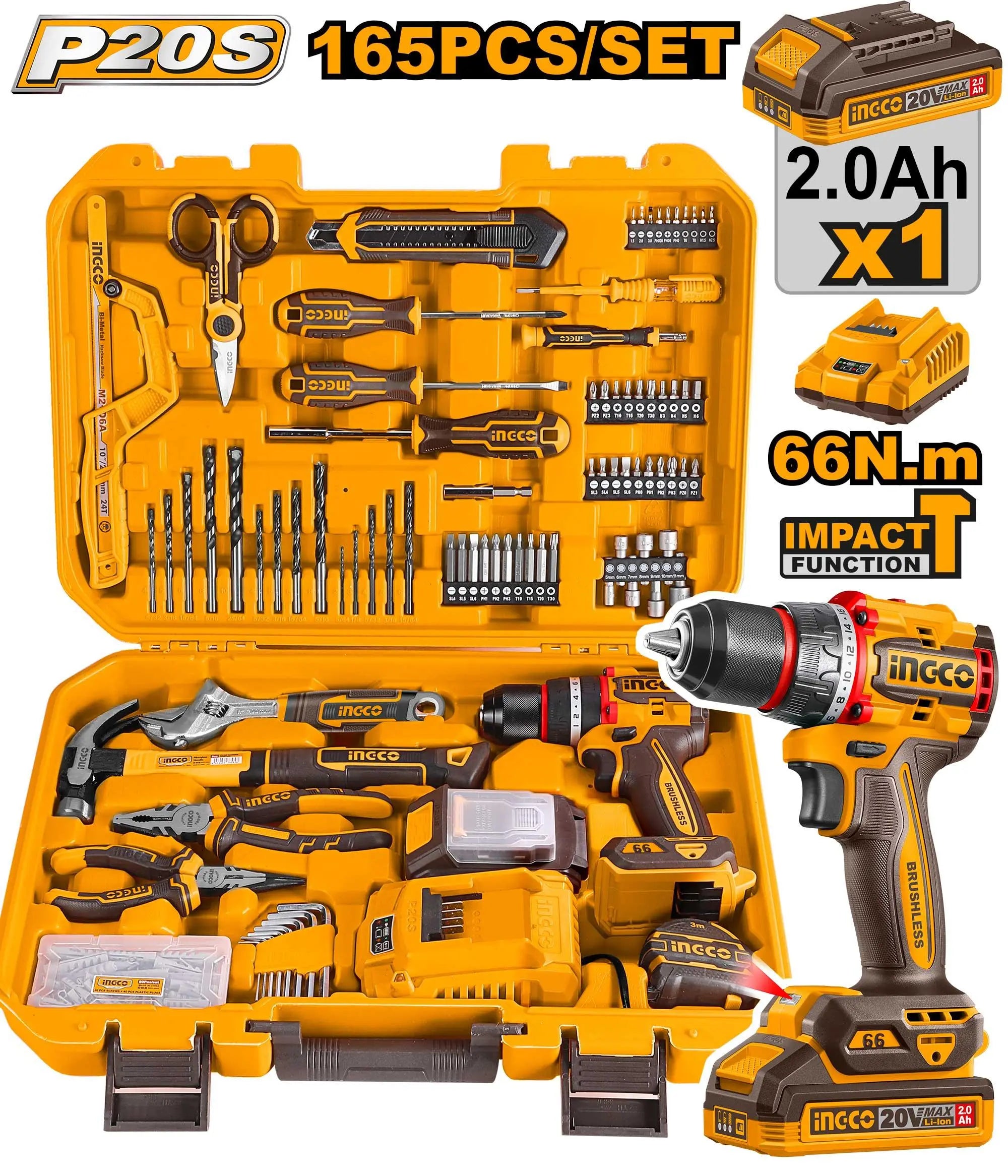 🔥 Kit Perceuse à Percussion Sans Fil 20V 66NM + 160+ Accessoires | INGCO HKTHP11651