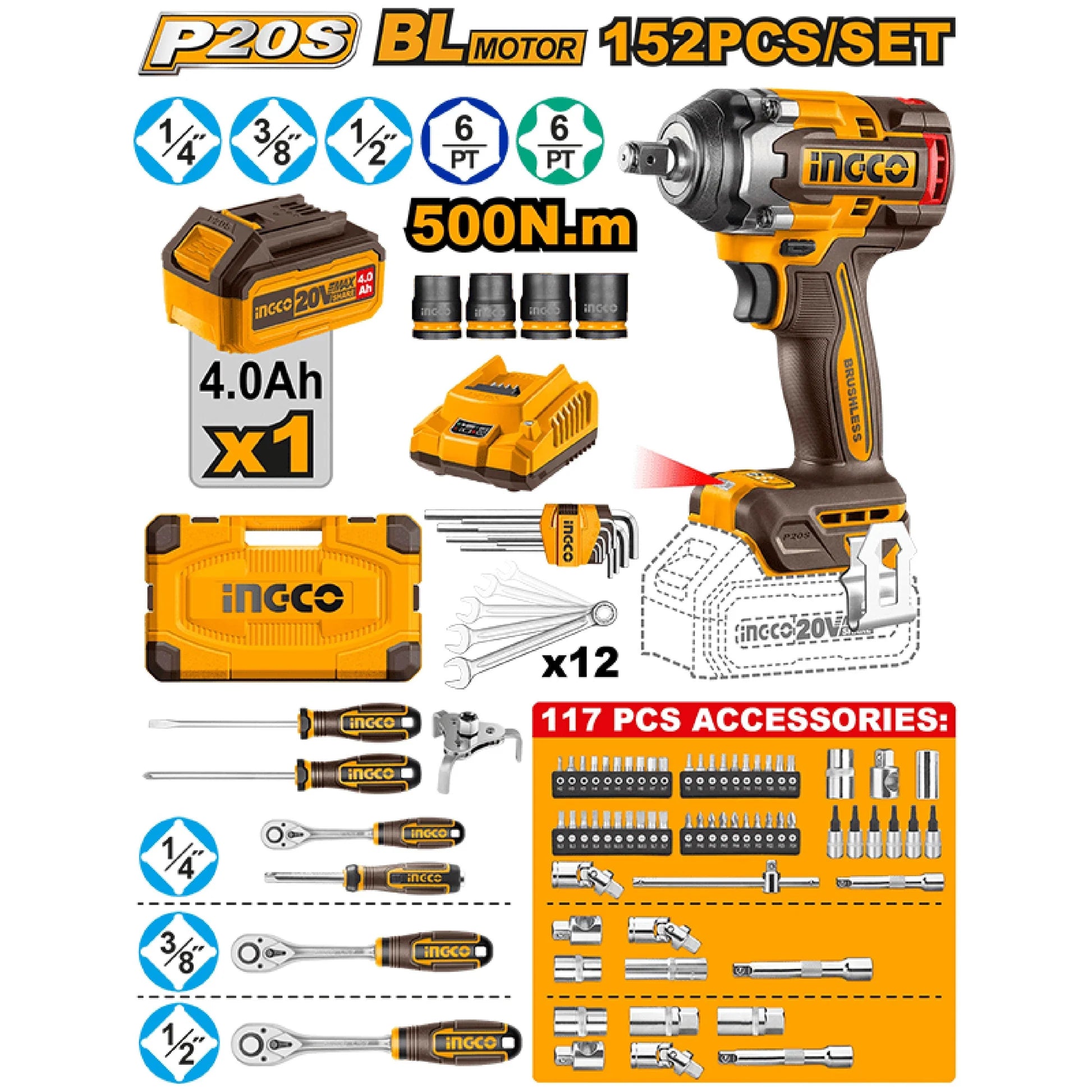 🔥 Set d’Outils à Clé à Chocs Sans Fil 20V – 152 Pièces | 500 Nm INGCO HKTHP31521