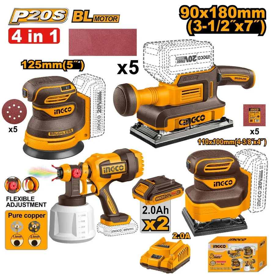 🔥 Pack Combo INGCO 20V – 3 Ponceuses + Pistolet Pulvérisateur Brushless | COSLI250383