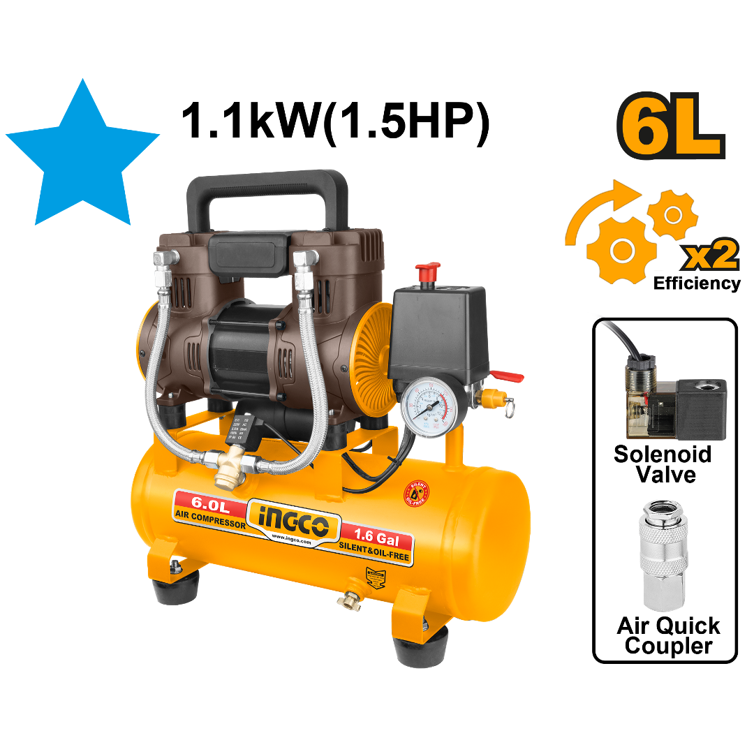 Compresseur 1100W (1.5HP) 6L | Silencieux et Compact  | INGCO ACS111062