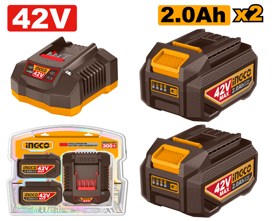 Set 2 Batteries 42V 2.0Ah + 1 Chargeur 42V – Système P42M | INGCO FBCPM20221